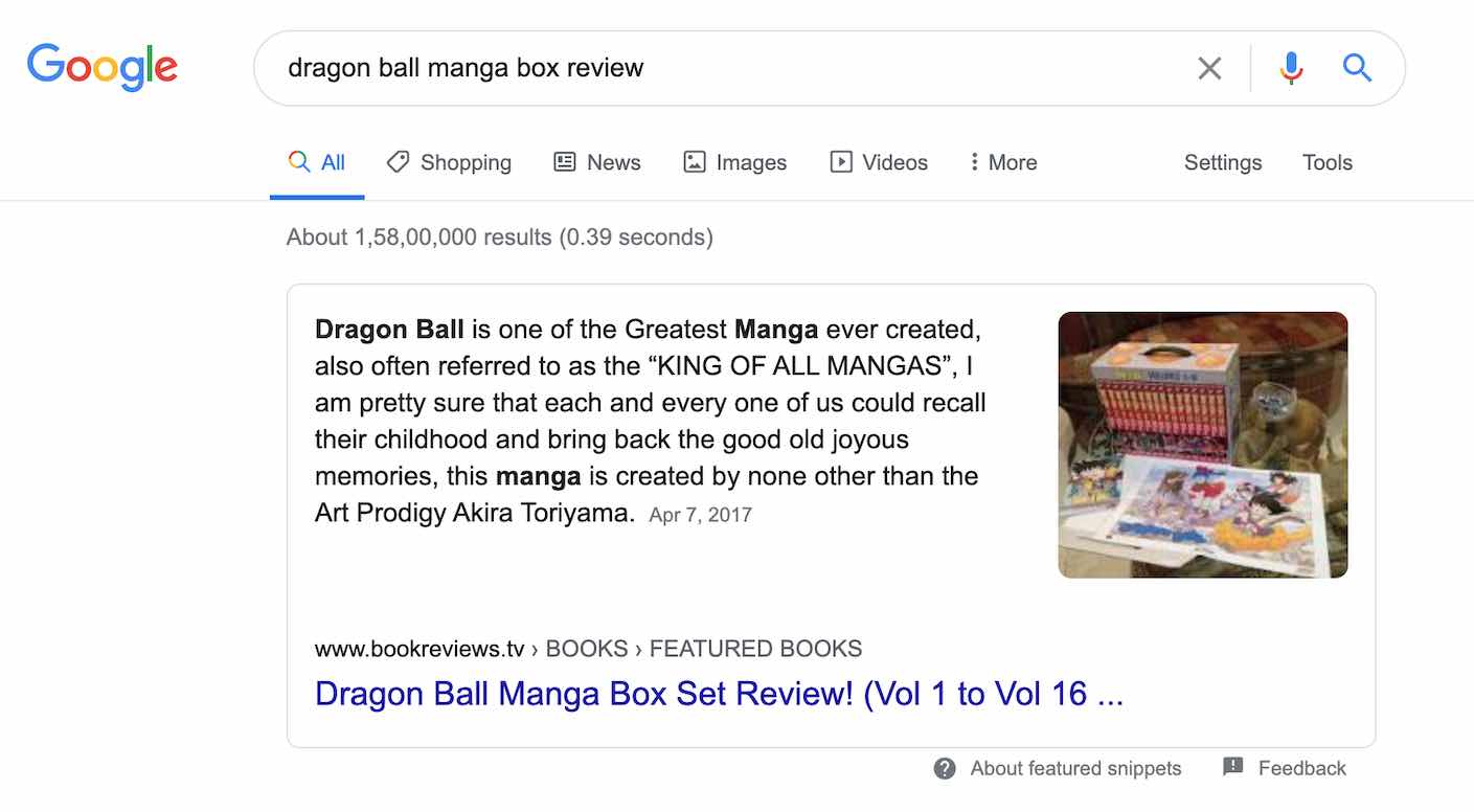DragonBall Manga Box Featured Snipet Google - BookReviewsTV